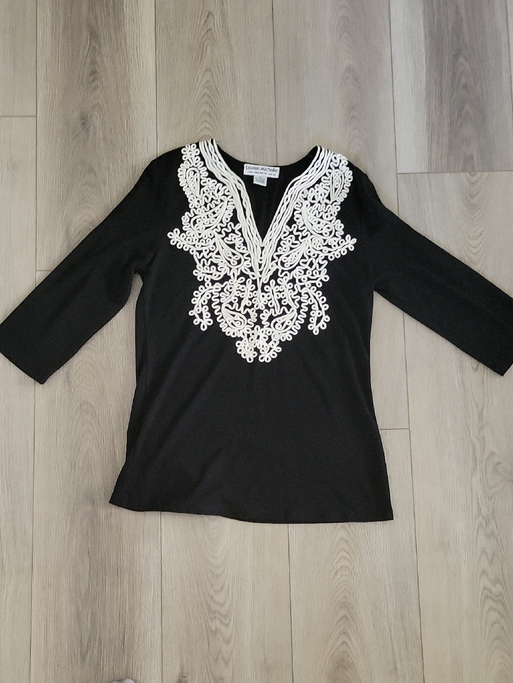 Lauren Michelle Black Tunic with White Embroidered V-Neck